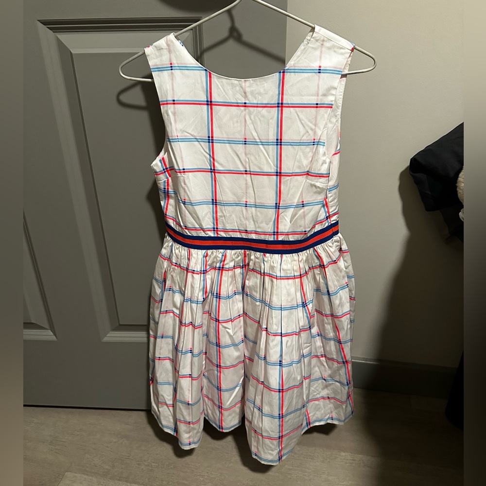 Jacadi White Sleeveless Dress with Red & Blue Trim for Girls - Size: 10 years